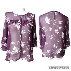 Lauren Conrad Sheer Plum Floral Button-Down Bell Sleeves Blouse –‎ Size XS